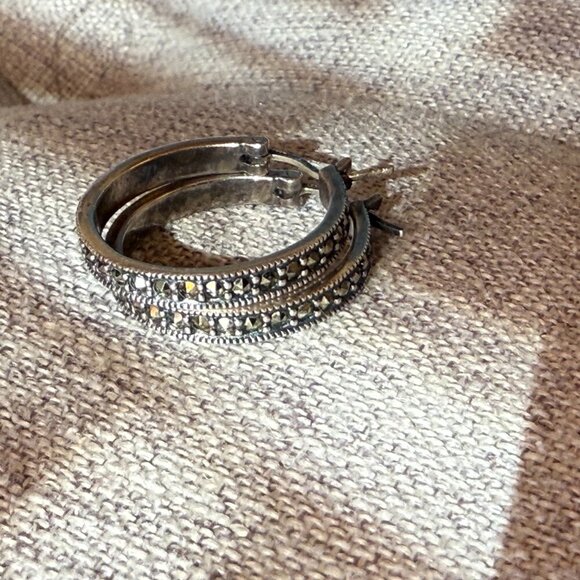 Marcasite Hoop Earrings 925 Sterling Silver - Picture 4 of 4